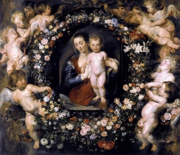 バロック Painting - 花の花輪の聖母 バロック ピーター・パウル・ルーベンス